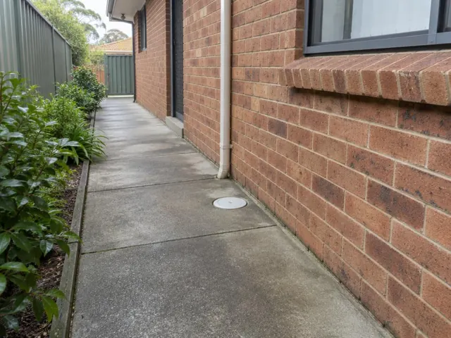 Brick house side path with a round drain cover in concrete paving beside garden beds in Jannali