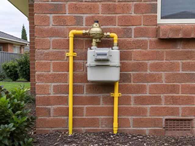 Yellow gas meter pipework on a brick exterior wall beneath a window in Kirrawee