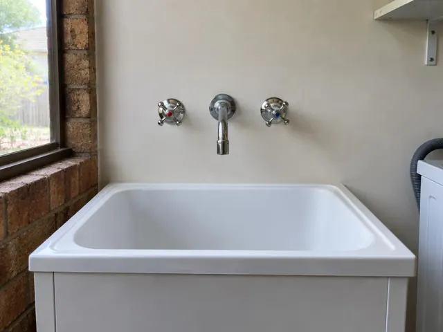 Laundry tub with new wall taps above a white sink in a brick-walled laundry in Sutherland